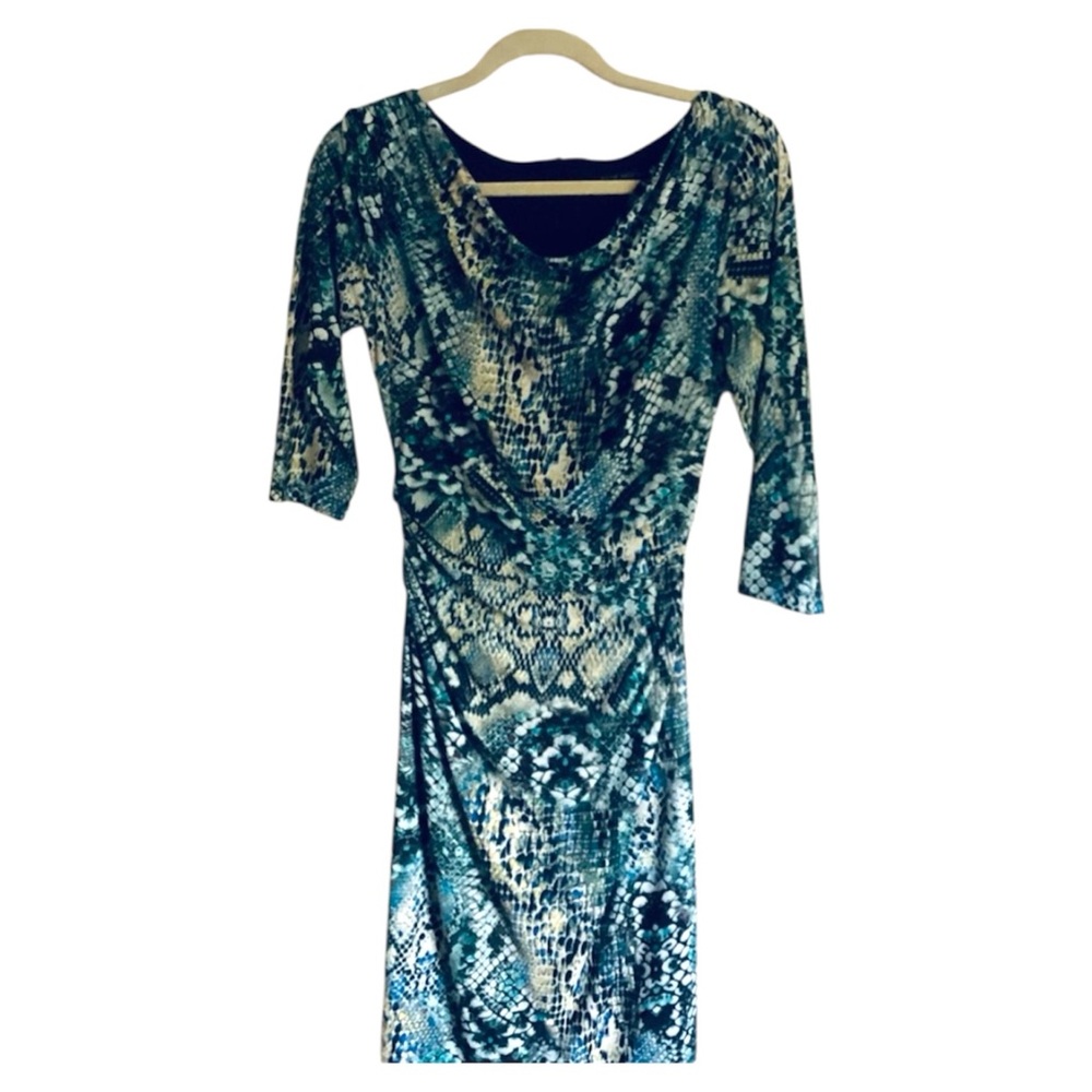 David Meister Blue V-Neck Cocktail Dress 3/4 Sleeves